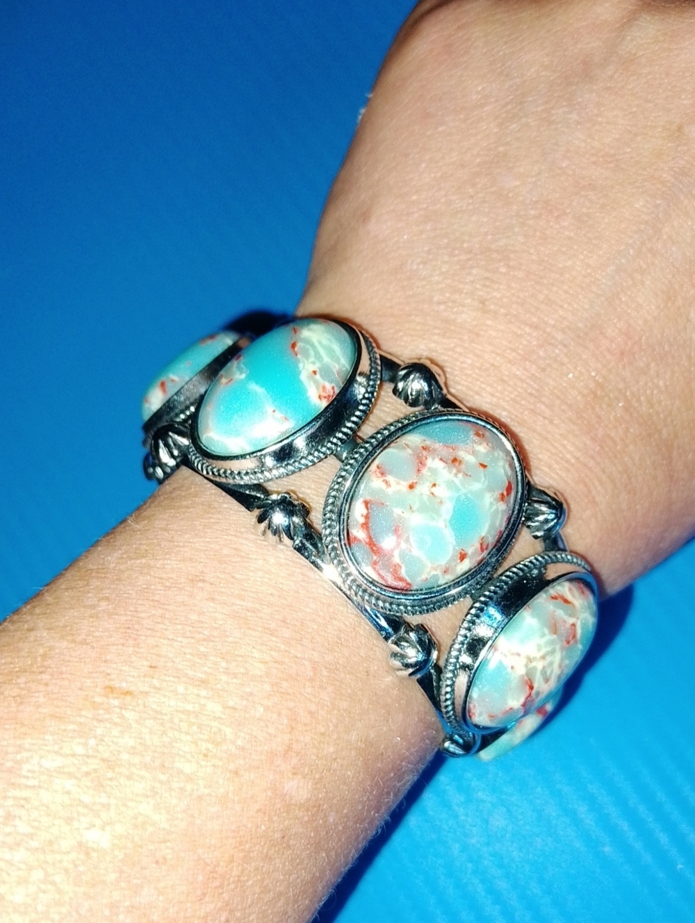 Turquoise and Coral Stone Silver Bracelet - Women Jewelry
